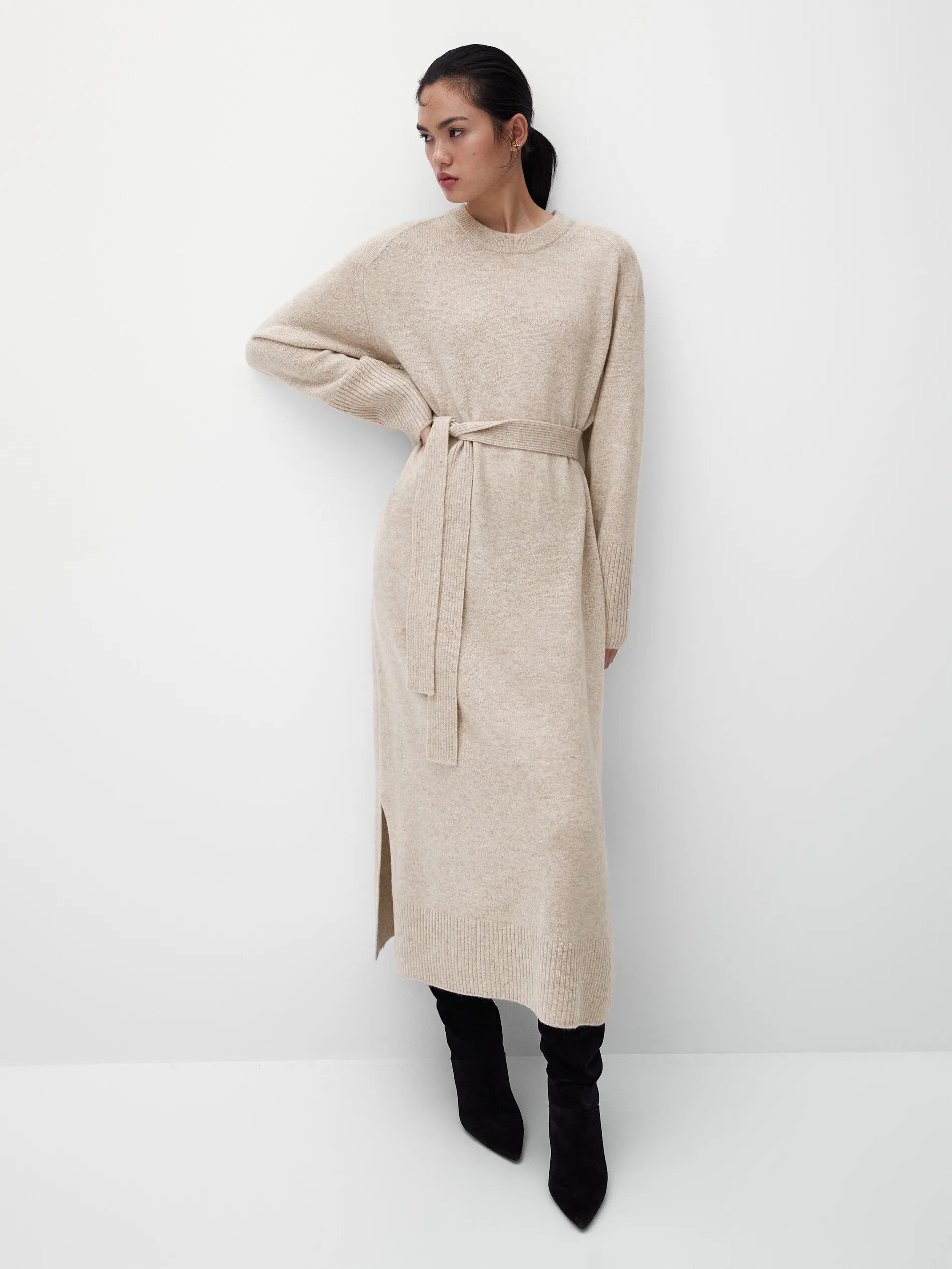 Clásico Madrid | Belted Knit Dress – Long Sleeve Elegant Style