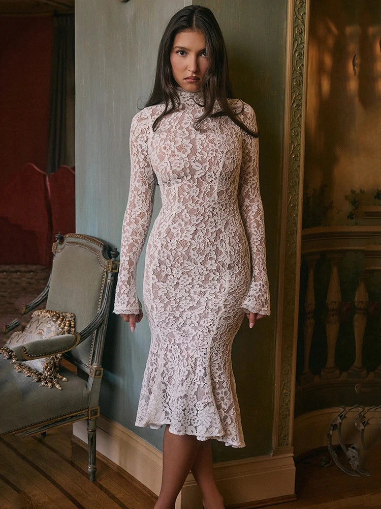 Clásico Madrid | Lace Long Sleeve Midi Dress – Elegant Bodycon Party Wear