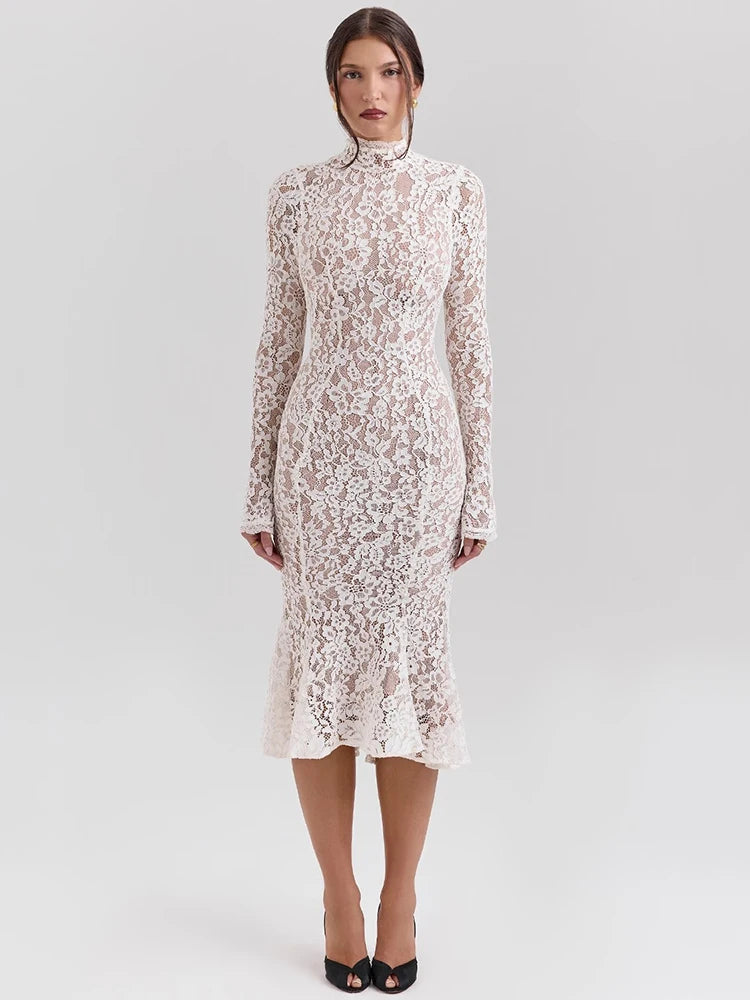 Clásico Madrid | Lace Long Sleeve Midi Dress – Elegant Bodycon Party Wear